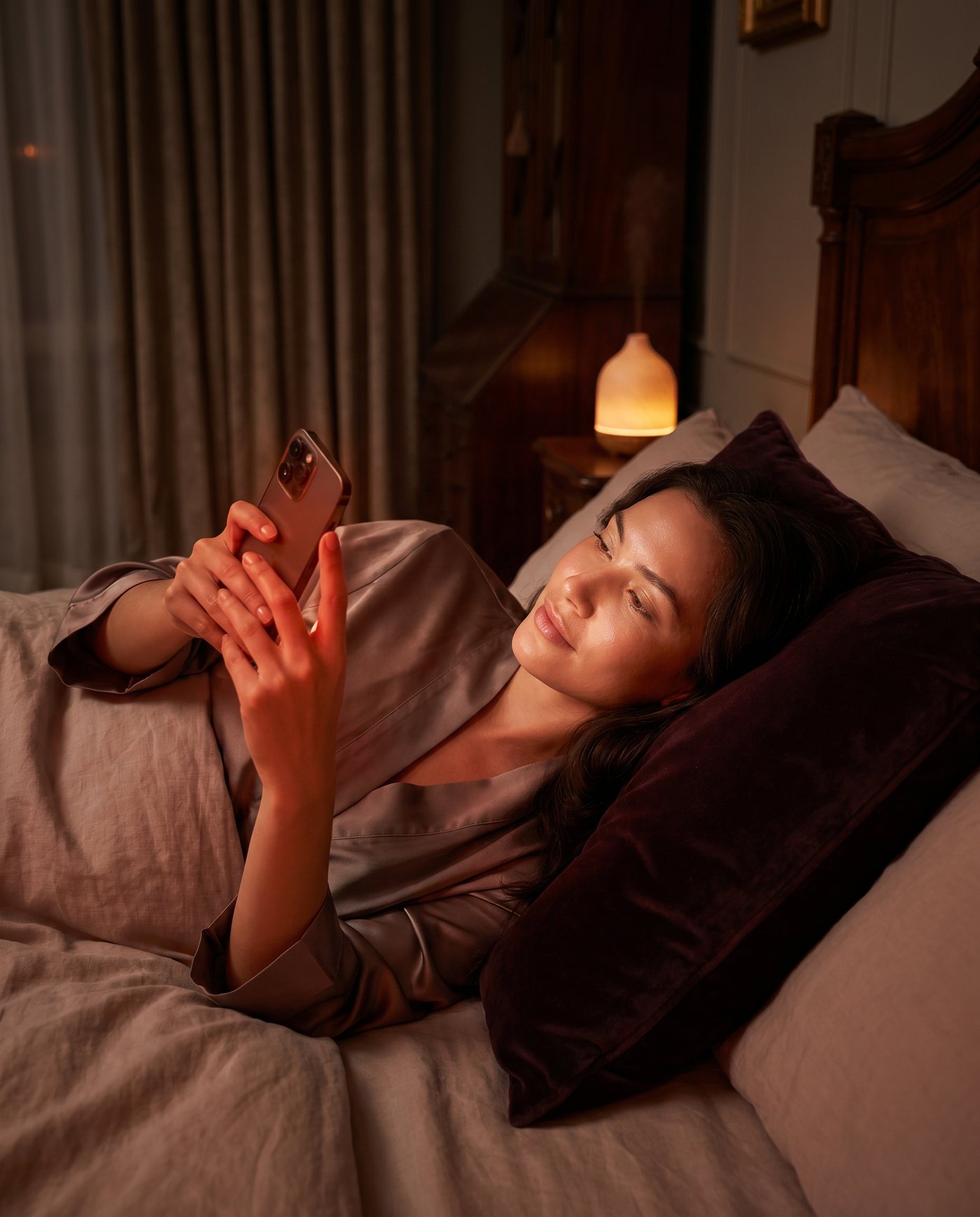 Calm, warm red glow from a Zivora-protected phone at night
